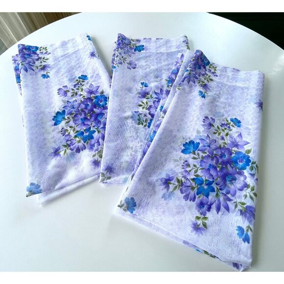 Vintage 80s sheer curtains, purple blue bouquets, romantic pair of panels - Picture 7 of 9